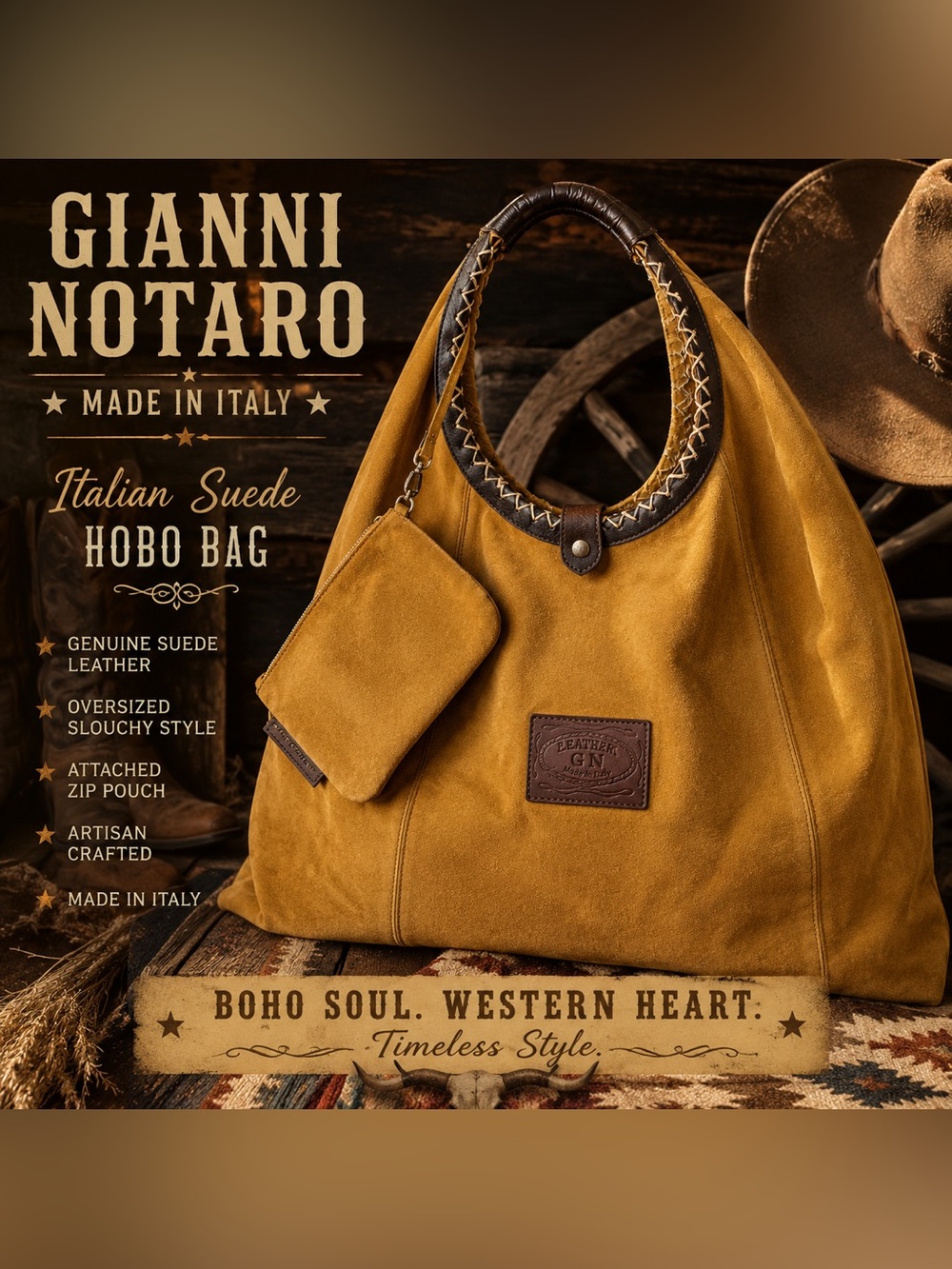 Gianni Notaro Italian Suede Hobo Bag - Mustard Made in Italy Shoulder Bag